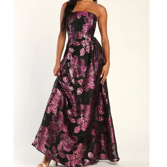 Lulus Dresses & Skirts - Lulus Black Purple Floral Jacquard Strapless Maxi Dress Formal Gown Large NWT